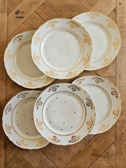 Lot de 6 assiettes plates vintage Compagnie Nationale de Porcelaine, charmant et élégant décor doré. 