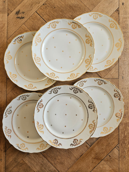 Lot de 6 assiettes plates vintage Compagnie Nationale de Porcelaine, charmant et élégant décor doré. 