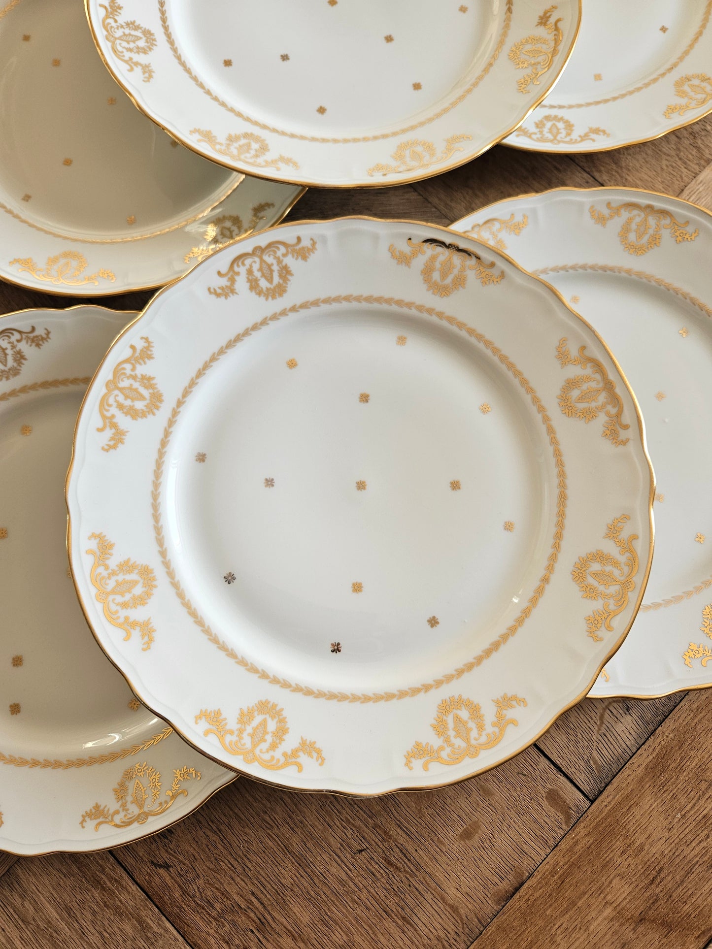 Lot de 6 assiettes plates vintage Compagnie Nationale de Porcelaine, charmant et élégant décor doré. 