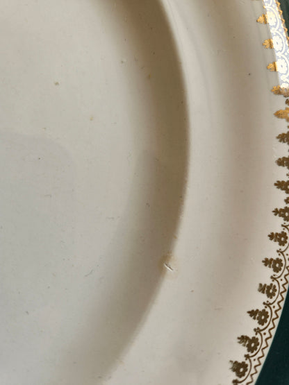 Assiettes plates dépareillées, bleu canard et dorure