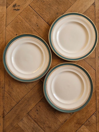 Assiettes plates vintage "Venise" liseré bleu canard / vert et dorure