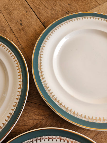 Assiettes plates dépareillées, bleu canard et dorure