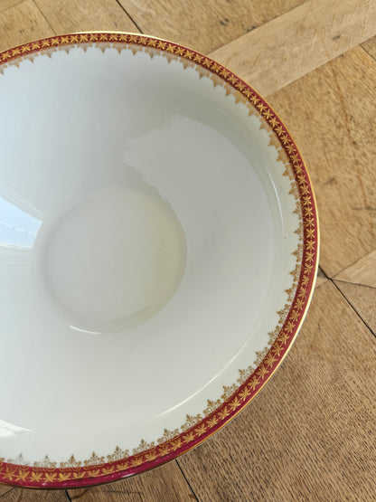 Saladier vintage en porcelaine, élégant décor rouge et or