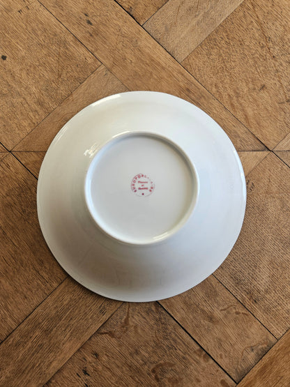 Saladier vintage en porcelaine, élégant décor rouge et or. Estampille Europorcelaine, finesse et qualité. 