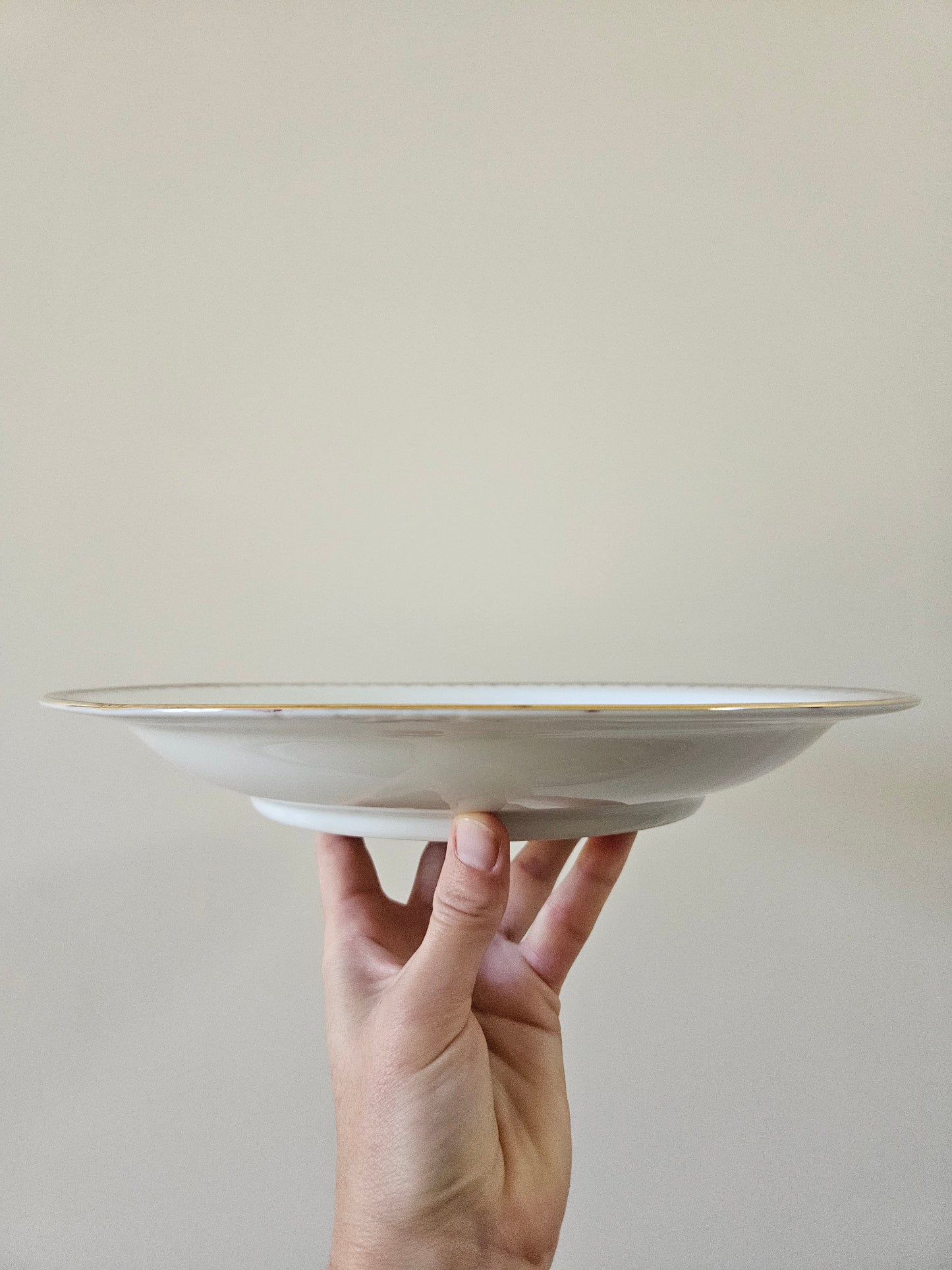 Plat creux vintage en porcelaine. Vu de profil. décor rouge et or. Élégance et raffinement.