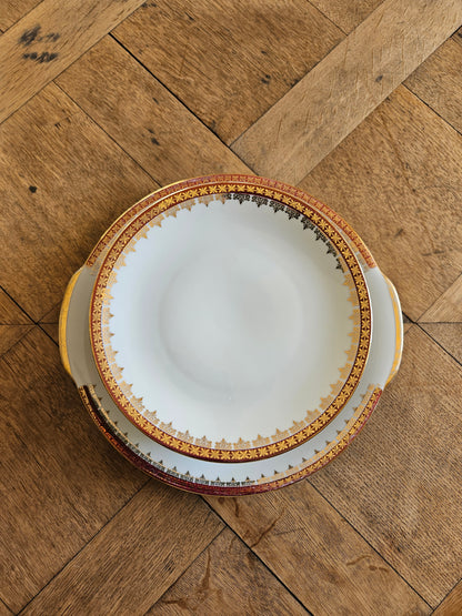 Service à dessert vintage en porcelaine, décor rouge et or