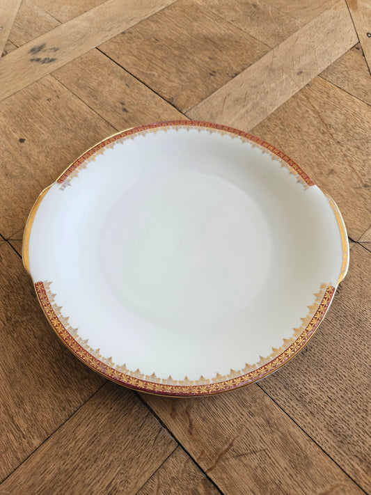 Plat à tarte vintage en porcelaine, décor rouge et or