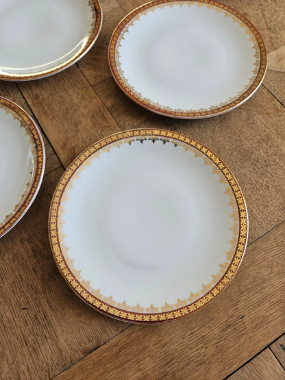 Assiettes à dessert vintage en porcelaine, décor rouge et or