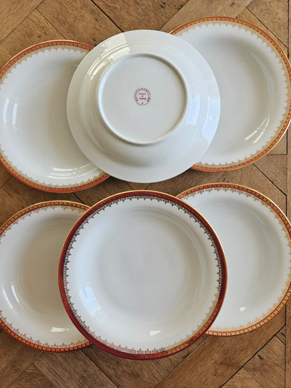Assiettes creuses porcelaine, rouge et or