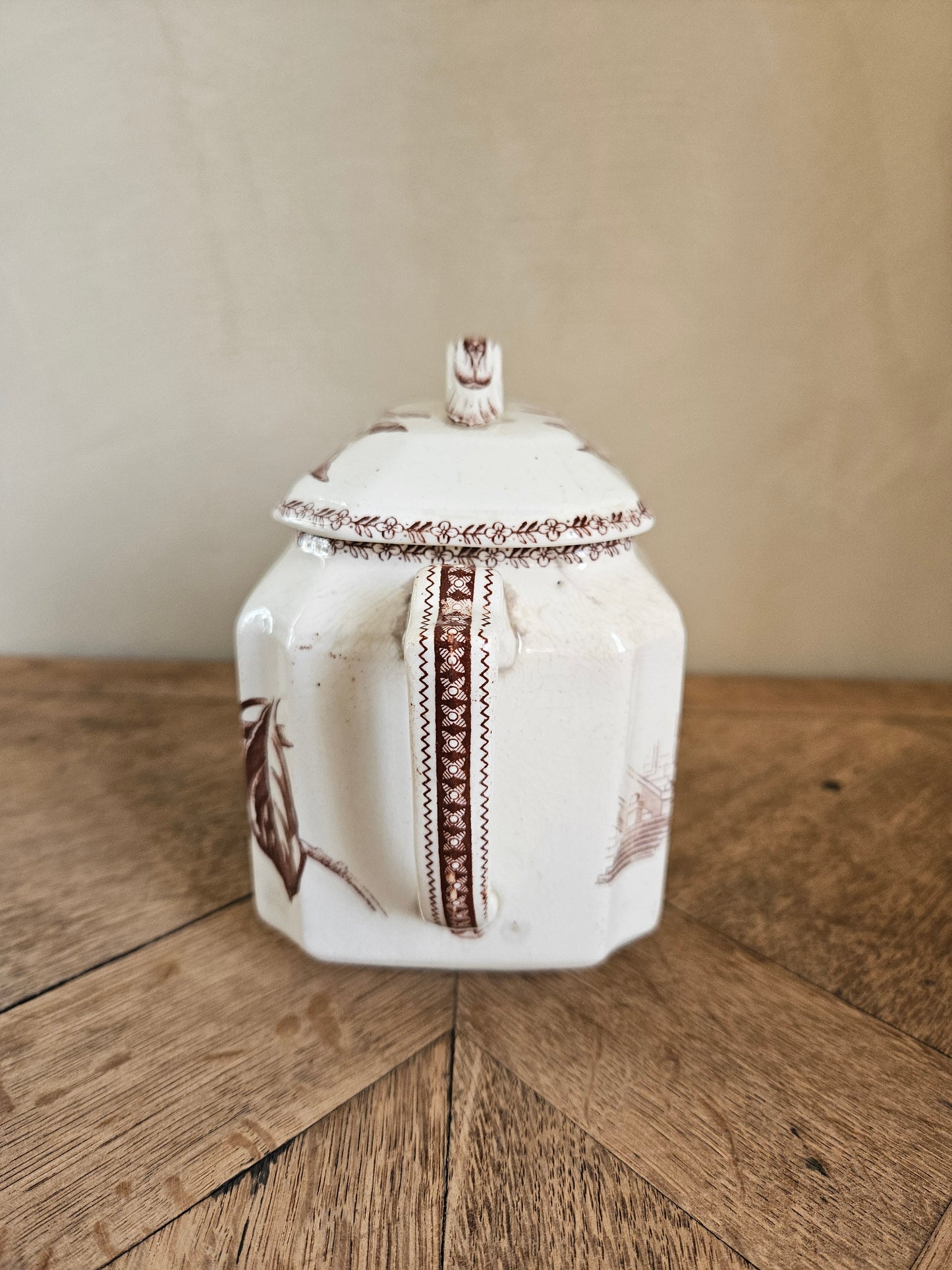 Sucrier ancien oiseaux et fleurs, sépia