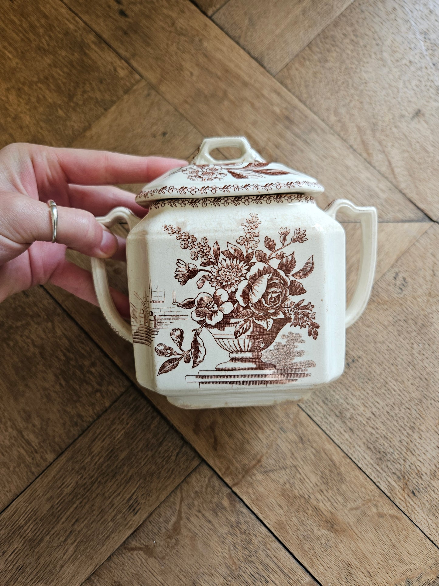 Sucrier ancien oiseaux et fleurs, sépia