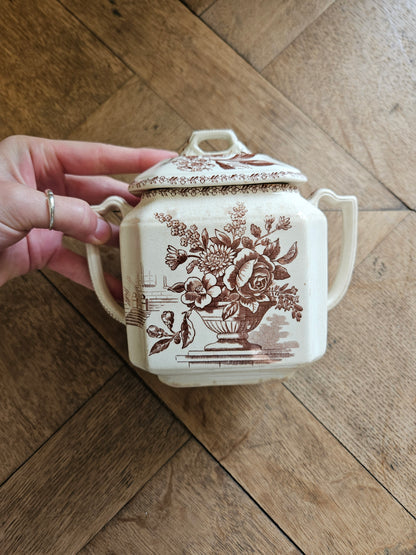 Sucrier ancien oiseaux et fleurs, sépia