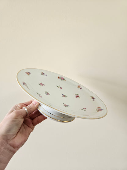 Assiette sur pied vintage en porcelaine, petites fleurs