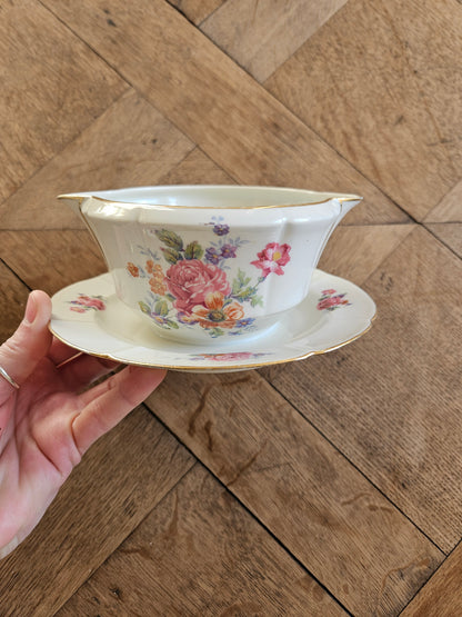 Saucière vintage en porcelaine, bouquets de fleurs