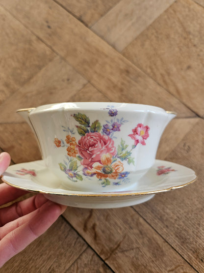 Saucière vintage en porcelaine, bouquets de fleurs