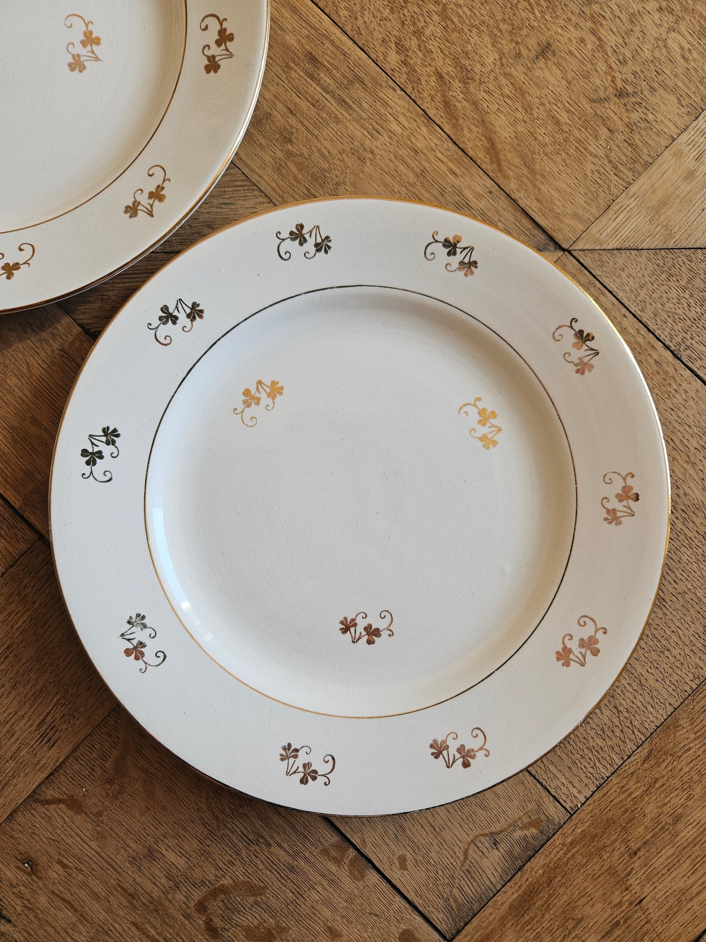 Assiettes plates dépareillées, fleurs et dorure