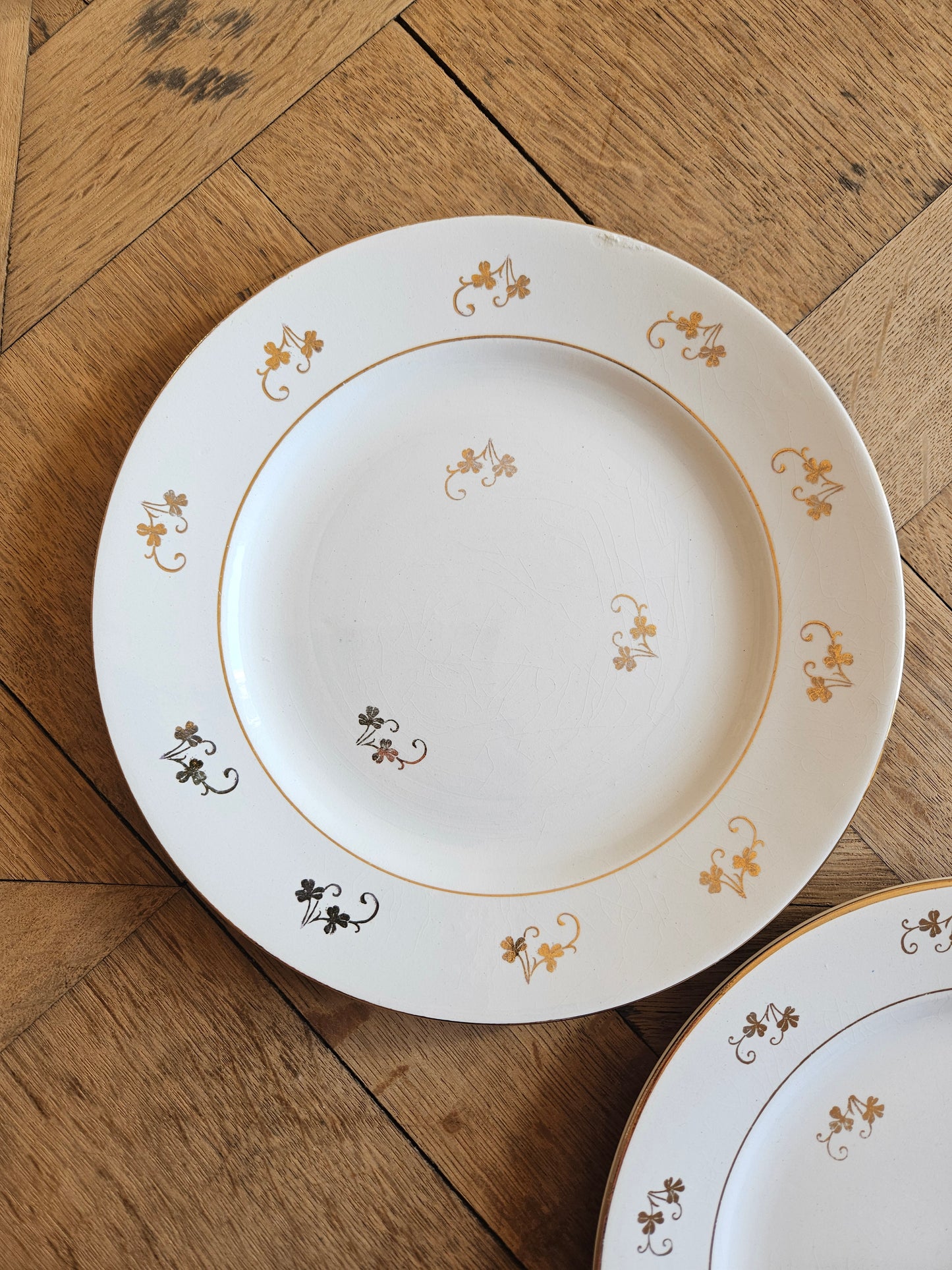 Assiettes plates dépareillées, fleurs et dorure