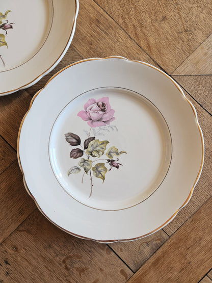 Assiettes plates dépareillées, fleurs et dorure