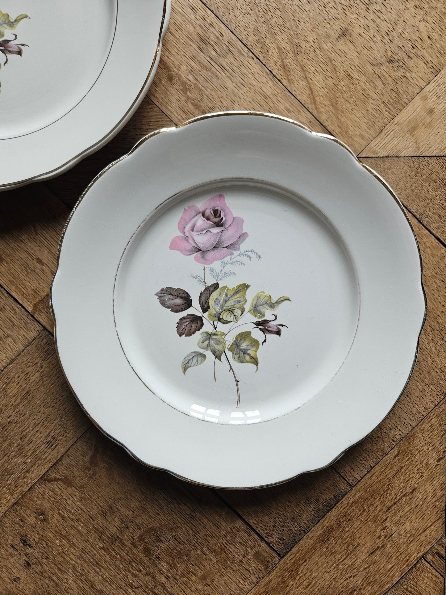 Assiettes plates dépareillées, fleurs et dorure