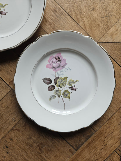 Assiettes plates dépareillées, fleurs et dorure