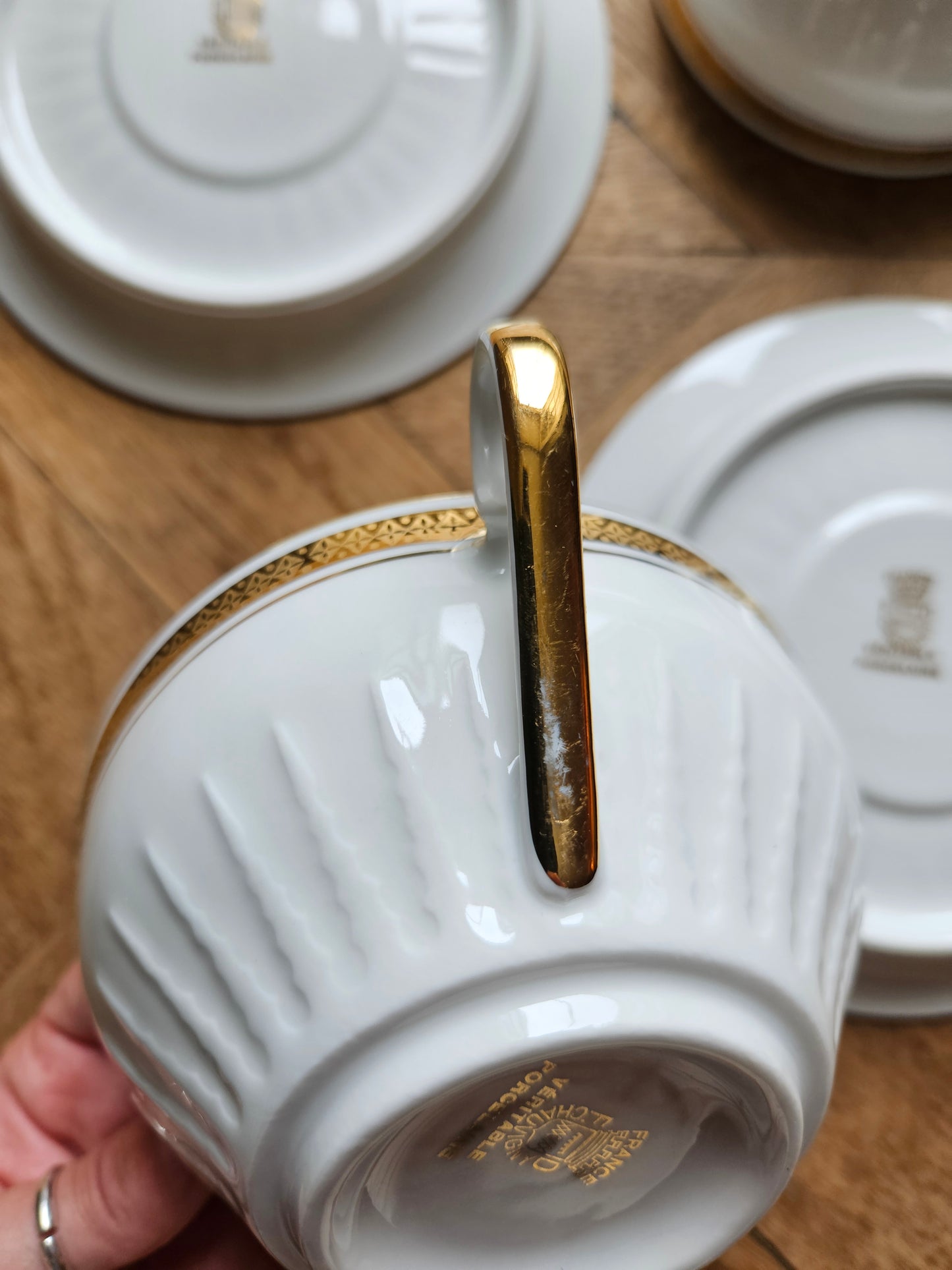 Grandes tasses porcelaine FD Chauvigny, dorées