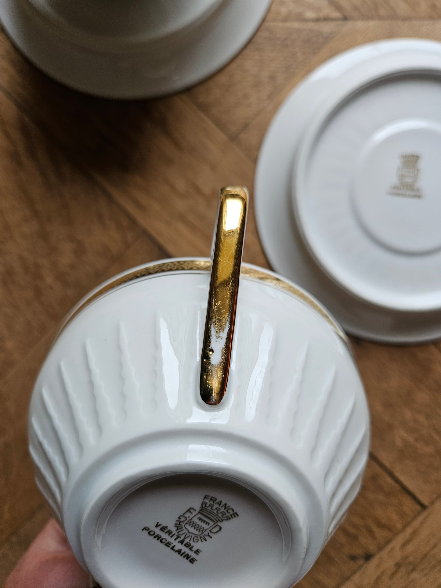 Grandes tasses porcelaine FD Chauvigny, dorées