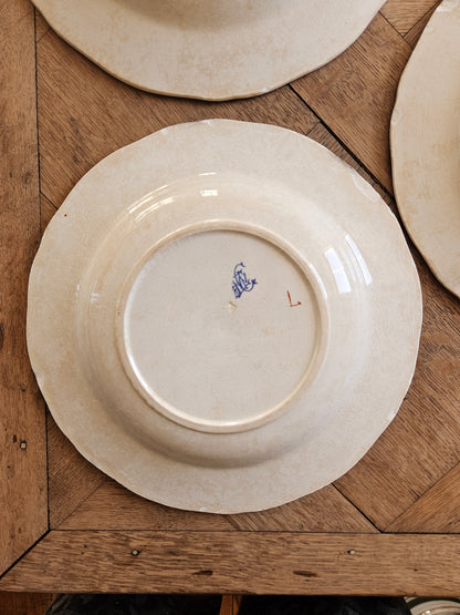 Assiettes creuses Gien, coq et pivoines (défauts)
