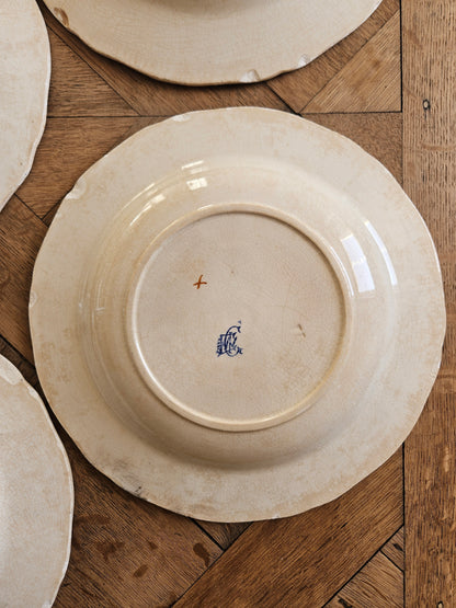 Assiettes creuses Gien, coq et pivoines (défauts)