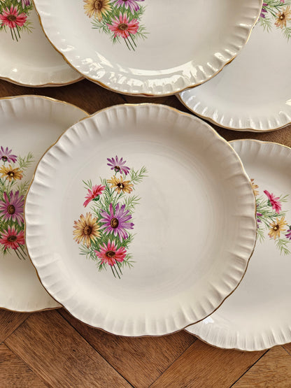 Assiettes plates anciennes Digoin, Roméo. Décor fleuri multicolore.