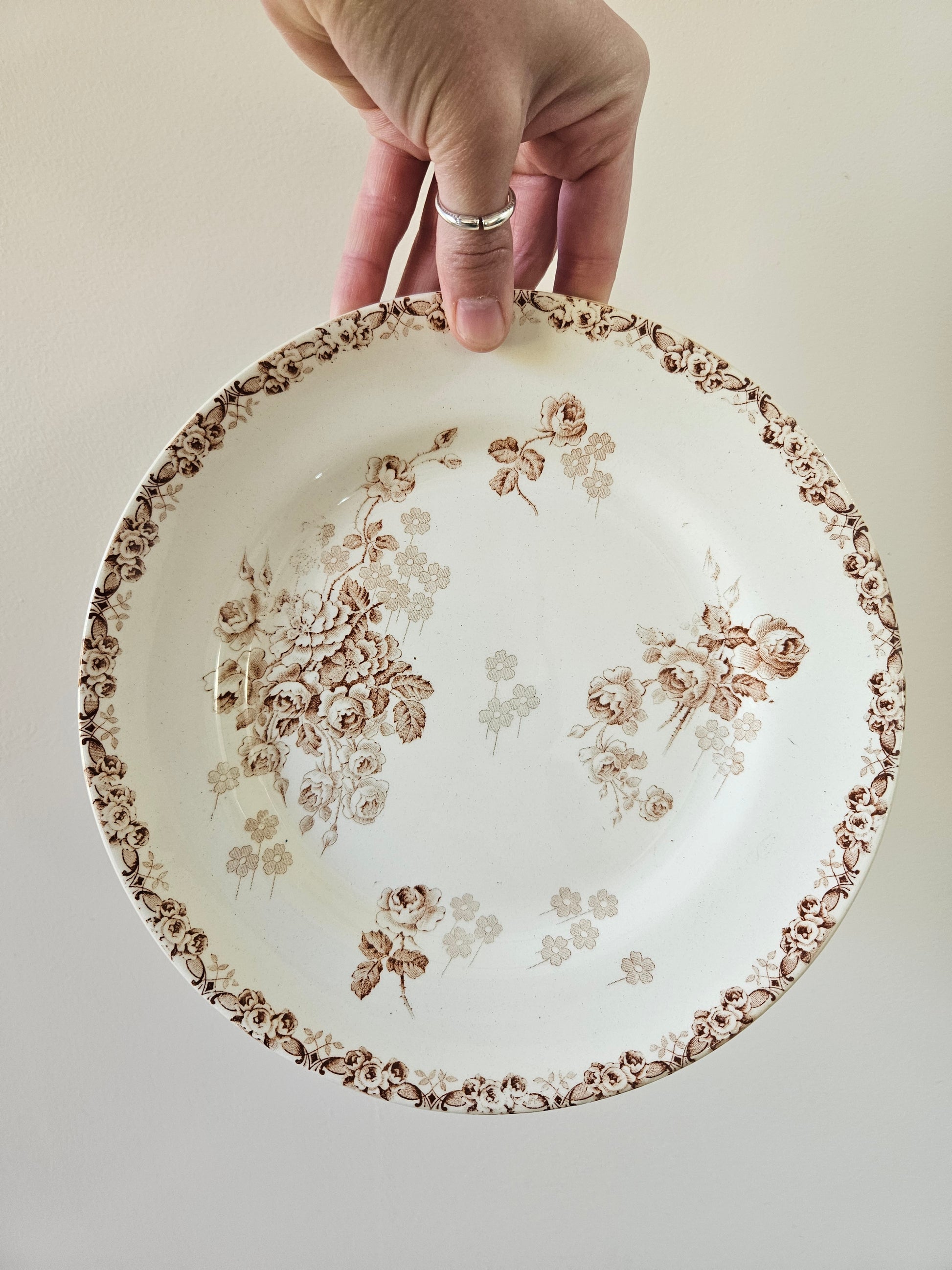 Assiette plate ancienne Hippolyte Boulenger Choisy-le-Roi. Modèle Lucie, couleur sépia. Terre de fer. Ironstone.