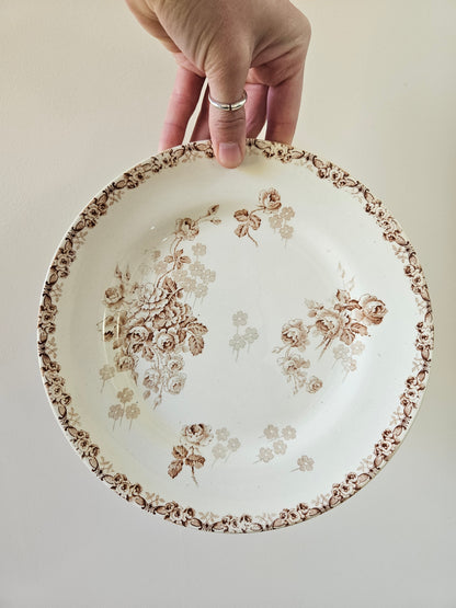 Assiette plate ancienne Hippolyte Boulenger Choisy-le-Roi. Modèle Lucie, couleur sépia. Terre de fer. Ironstone.