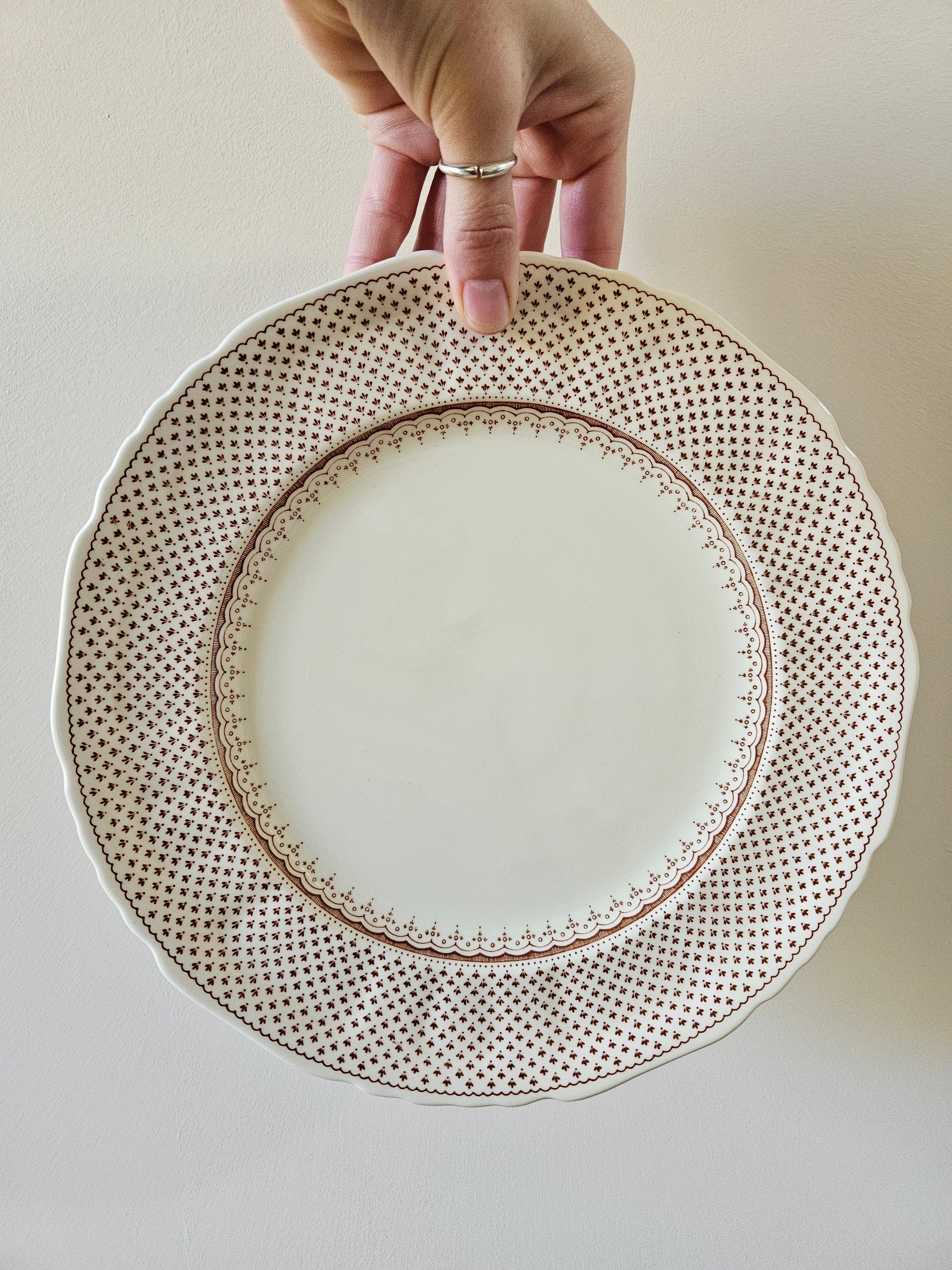 Assiette plate vintage Mason’s, Ashlea.
Ironstone. Made in England.
Fond crème, décor marron / sépia. 