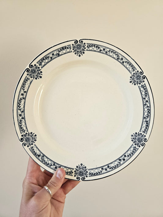 Assiette sur pied vintage Salins modèle Arbois Ennege. Terre de fer decor bleu.