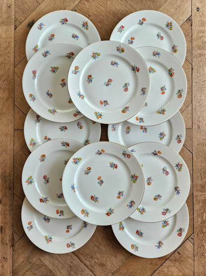 Lot de 12 assiettes à dessert vintage en porcelaine. Décor fleuri shabby chic. 