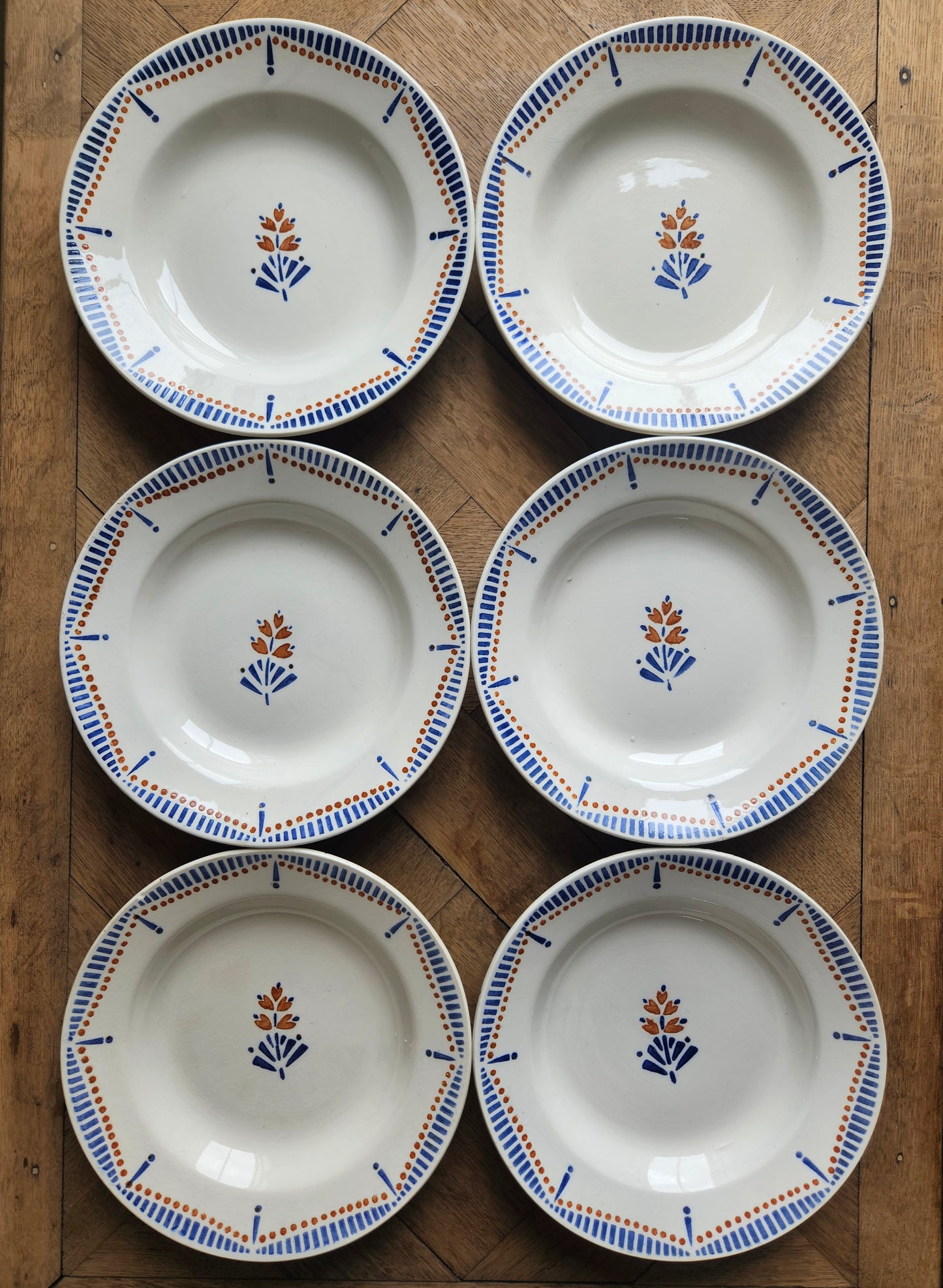 Lot de 6 assiettes creuses anciennes modèle hossegor décor géométrique marron et bleu