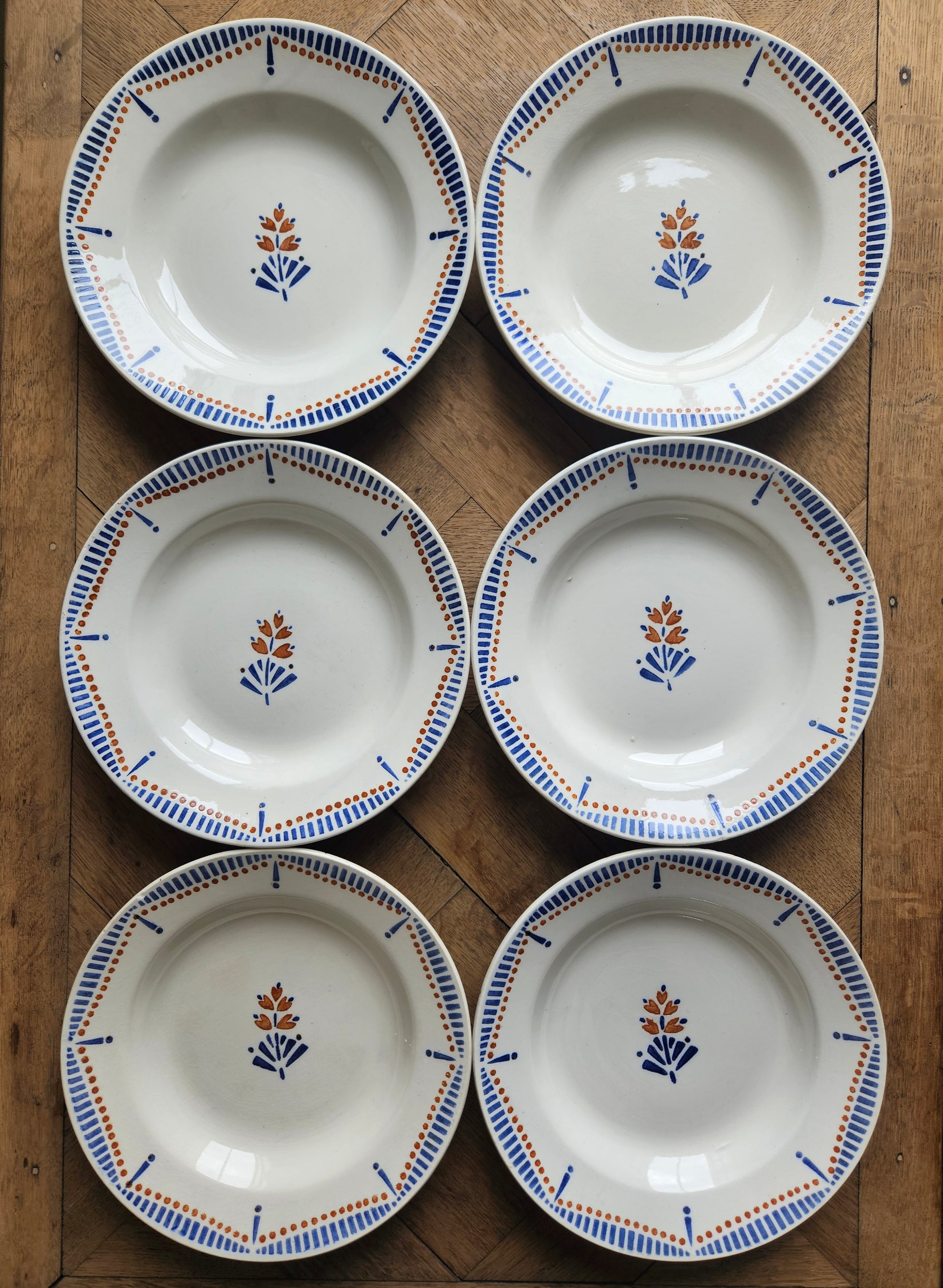 Lot de 6 assiettes creuses anciennes modèle hossegor décor géométrique marron et bleu