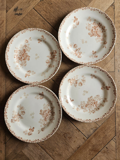 4 assiettes anciennes manufacture Hippolyte Boulenger Choisy-le-Roi couleur sépia. Terre de fer. Ironstone.
