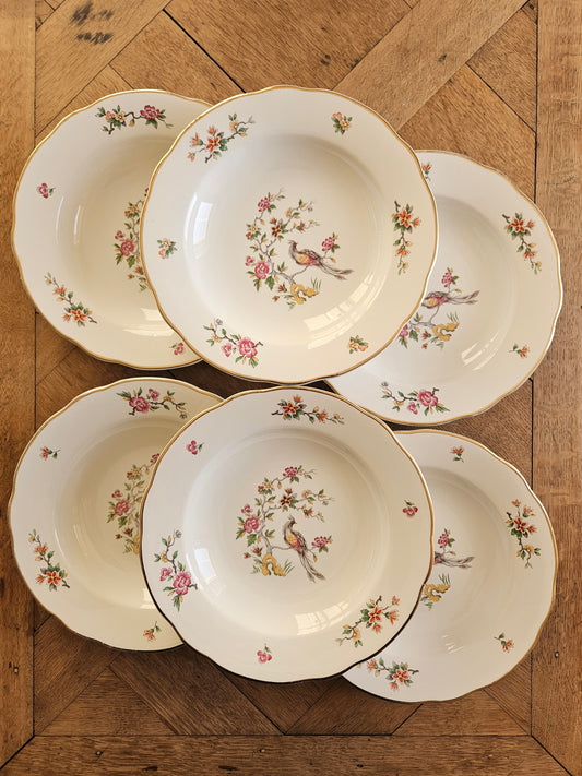 Lot de 6 assiettes creuses vintage Digoin. Modèle Condé.
Décor d’oiseau et d’arbre en fleurs.