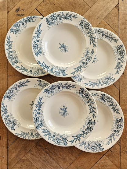 Lot de 6 assiettes creuses vintge Longwy. Modèle cyrano. Terre de fer. Décor bleu.
