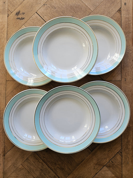 Lot de 6 assiettes creuses vintage K&G Lunéville, modèle Régence. Vert mint et dorure. Shabby Chic. 