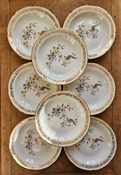 Lot de 8 assiettes creuses anciennes porcelaine oiseau