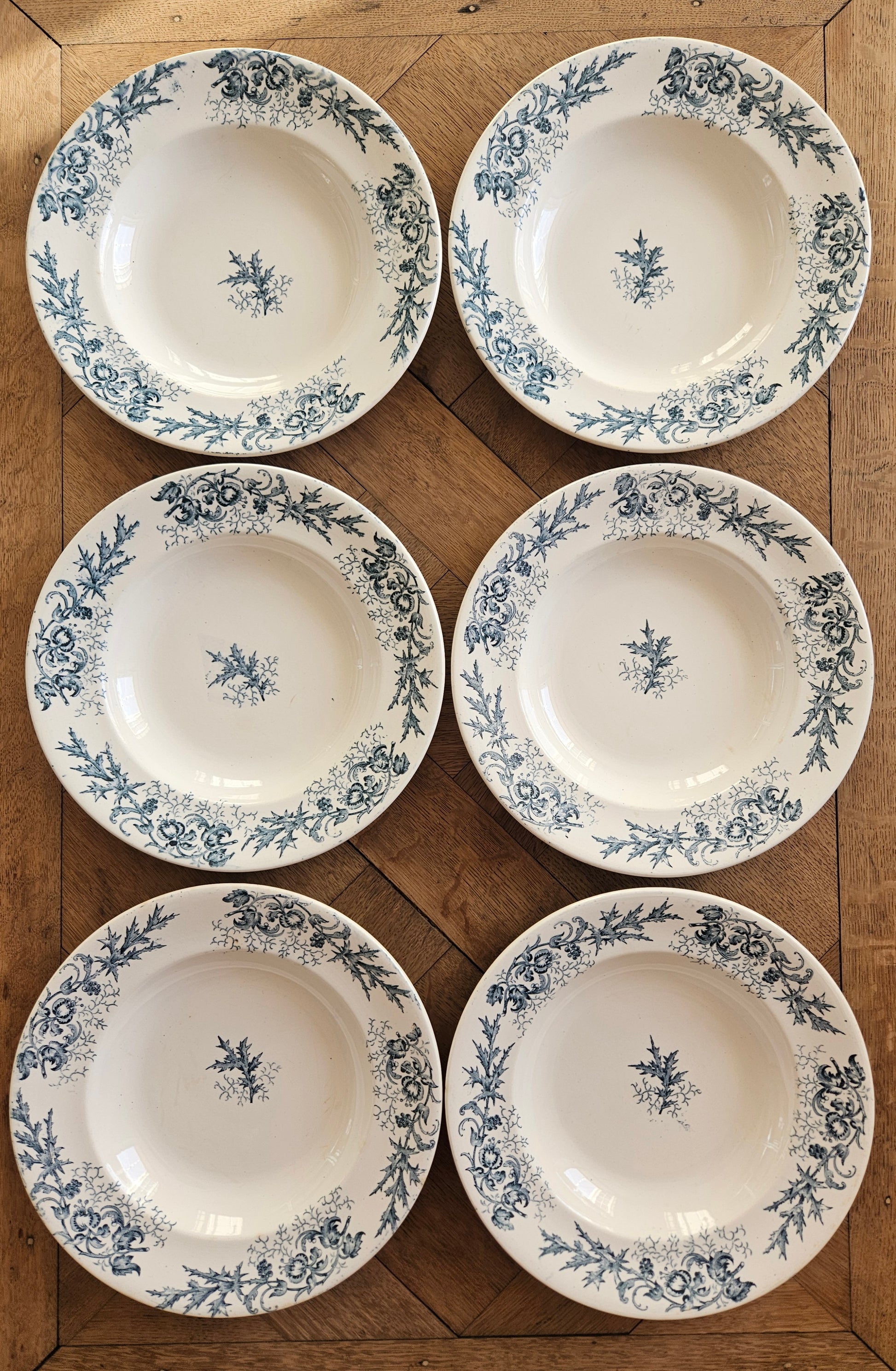 Lot de 6 assiettes creuses anciennes Longwy, modèle Cyrano. Terre de fer.