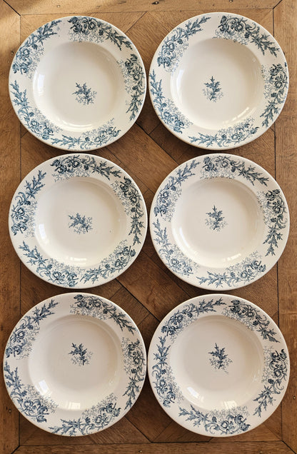 Lot de 6 assiettes creuses anciennes Longwy, modèle Cyrano. Terre de fer.