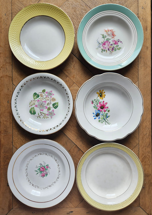 Lot de 6 assiettes creuses anciennes 100% dépareillées style shabby chic jaune, mint et fleurs