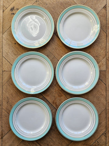 Lot de 6 assiettes à dessert anciennes K&G Lunéville Régence. Vert d’eau et dorées.