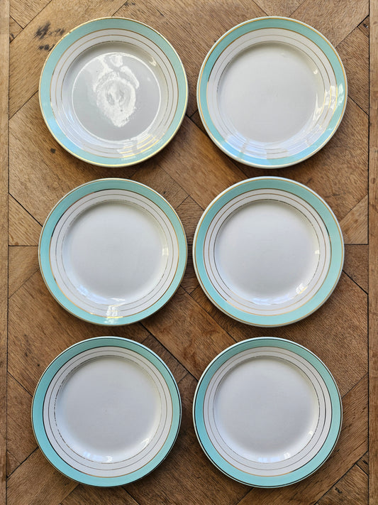 Lot de 6 assiettes à dessert anciennes K&G Lunéville Régence. Vert d’eau et dorées.