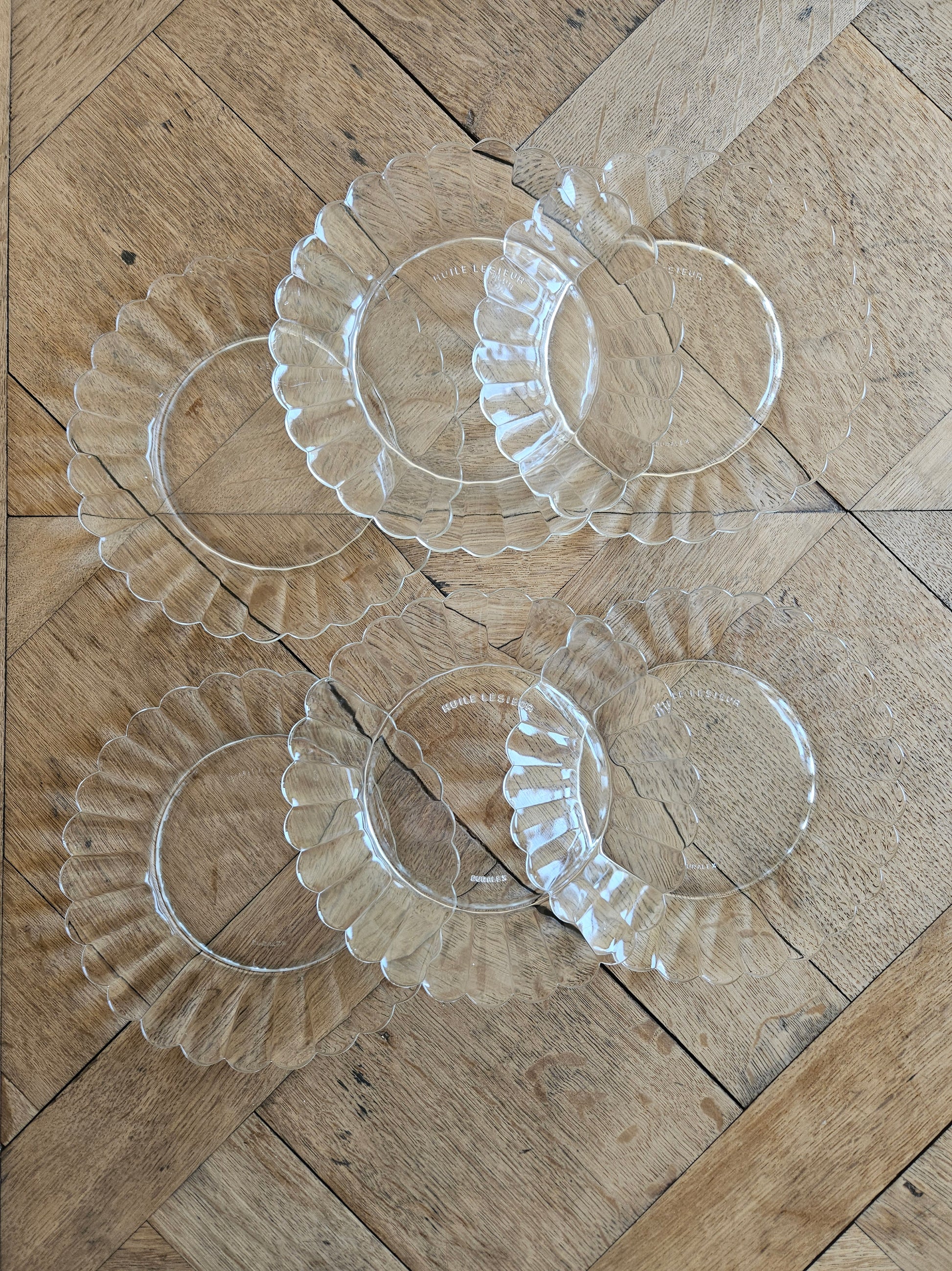 Lot de 6 assiettes à dessert vintage en verre. Duralex, huile Lesieur.