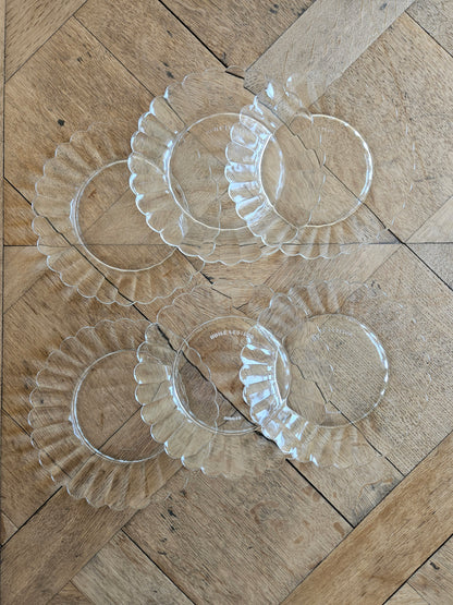 Lot de 6 assiettes à dessert vintage en verre. Duralex, huile Lesieur.