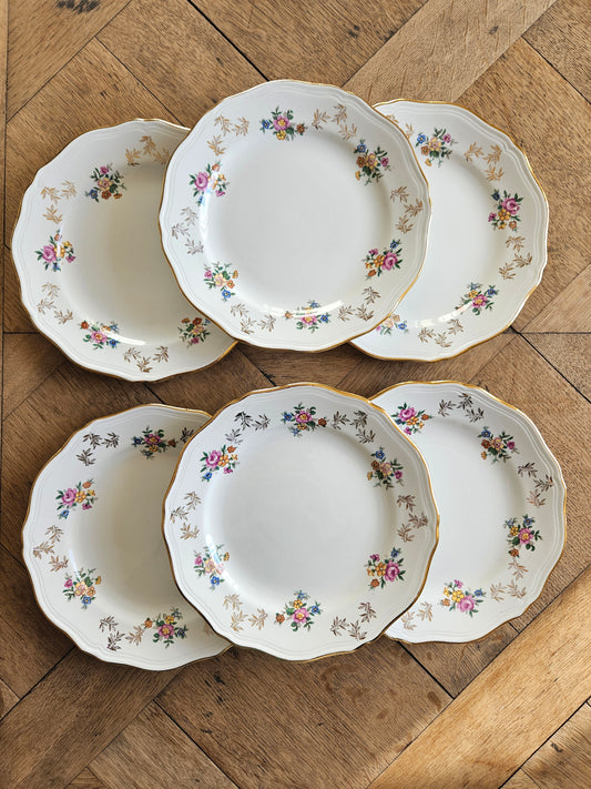 Lot de 6 assiettes à dessert vintage L’Amandinoise. Décor fleuri 1080. Shabby chic.