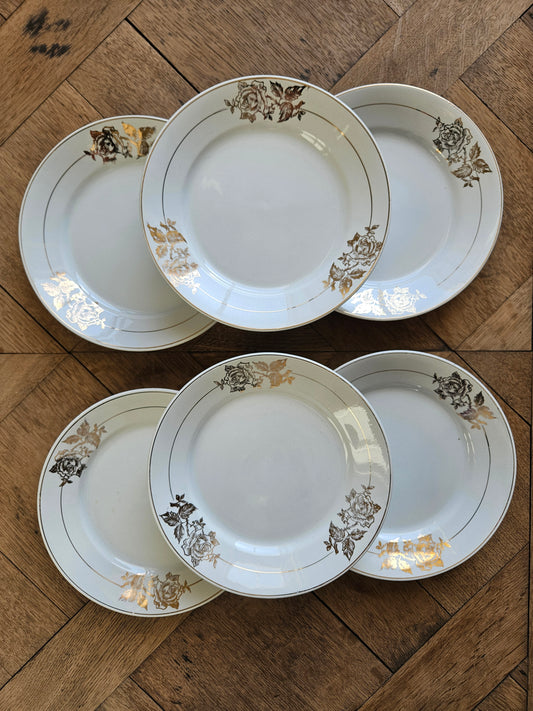 Lot de 6 assiettes à dessert vintage San Claudio Oviedo. Décor de roses dorées.